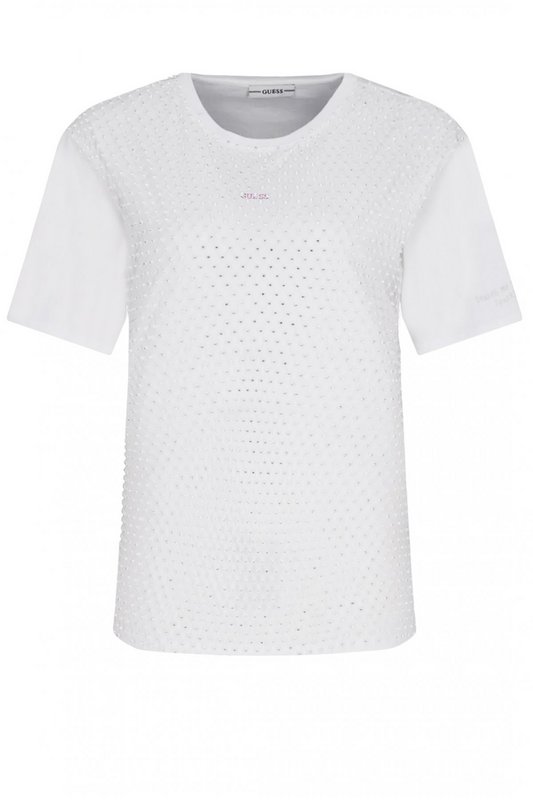 GUESS Tee Shirt En Coton Avec Filet De Strass  -  Guess Jeans - Femme TRUE WHITE A000 1063153