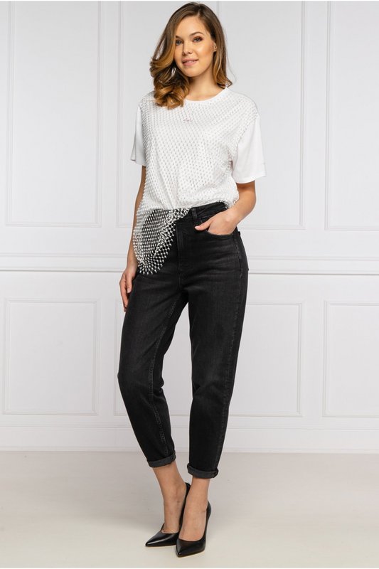 GUESS Tee Shirt En Coton Avec Filet De Strass  -  Guess Jeans - Femme TRUE WHITE A000 Photo principale