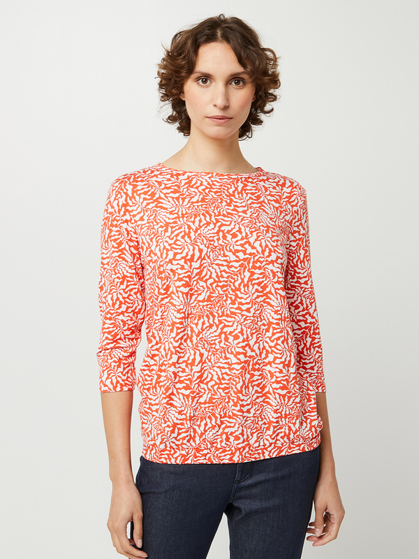 S OLIVER Tee-shirt Loose Fluide Manches 3/4 Fleurs Stylises Corail 1063476