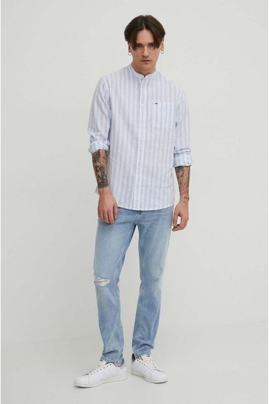 TOMMY JEANS Chemise Coton Et Lin Col  Rayures  -  Tommy Jeans - Homme C3S Moderate Blue Stripe Photo principale