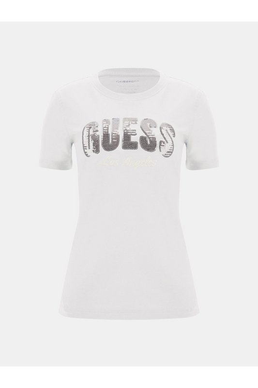 GUESS Tshirt Coton Regular Logo Sequins  -  Guess Jeans - Femme G011 Pure White Photo principale