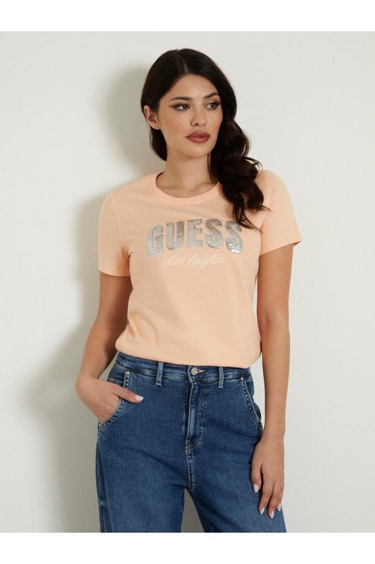 GUESS Tshirt Coton Regular Logo Sequins  -  Guess Jeans - Femme G6J4 PEACH SKY Photo principale