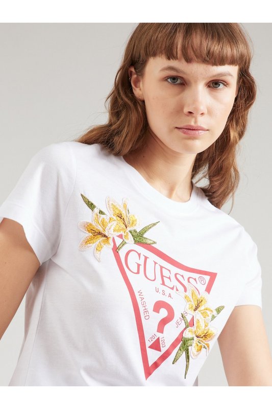GUESS Tshirt Logo Triangle  -  Guess Jeans - Femme F06D WHITE AND RED COMBO Photo principale