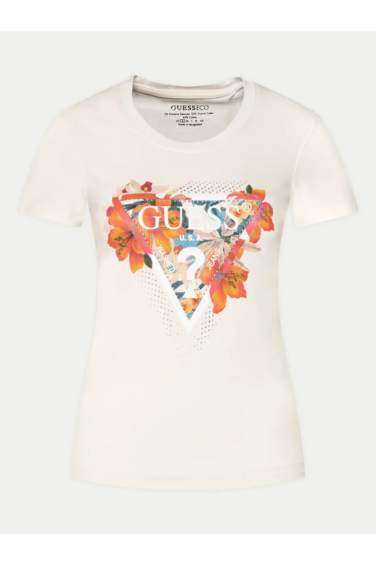 GUESS Tshirt Logo Iconique Strass  -  Guess Jeans - Femme G012 CREAM WHITE 1082985