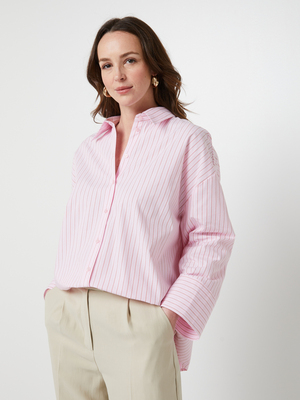 ONLY Chemise Oversized Fines Rayures 100% Coton Rose