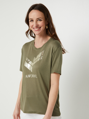 KAPORAL Tee-shirt Logo Mtallis En Jersey Fluide Uni Vert kaki