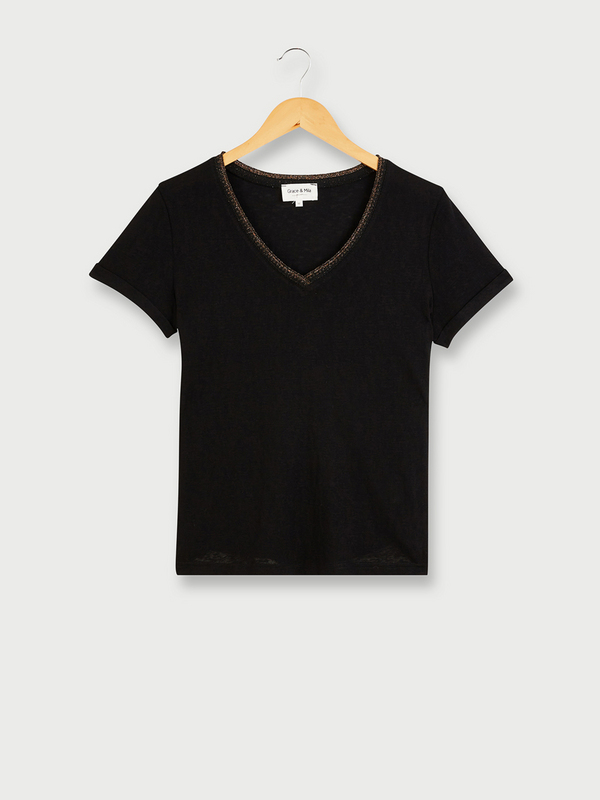 GRACE ET MILA Tee-shirt Loose Uni Encolure V Fantaisie Noir