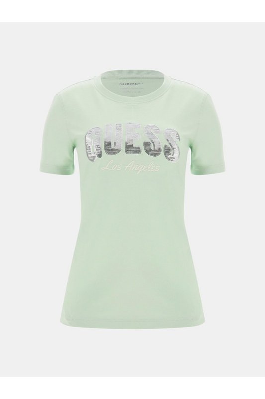 GUESS Tshirt Coton Regular Logo Sequins  -  Guess Jeans - Femme A82R SPRING DAY Photo principale