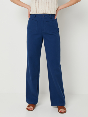 PIECES Pantalon Flare En Serg Uni 100% Coton Avec Poches Plaques Bleu marine