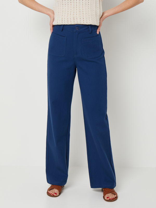 PIECES Pantalon Flare En Serg Uni 100% Coton Avec Poches Plaques Bleu marine Photo principale