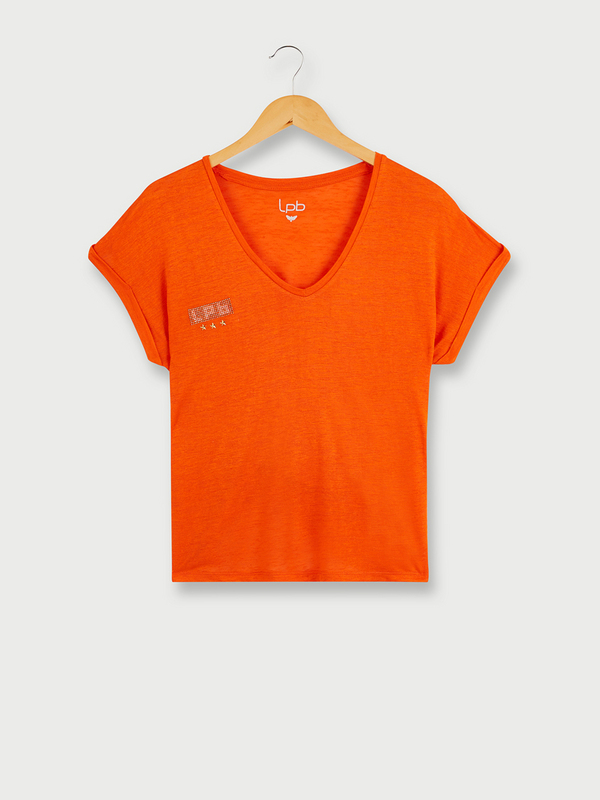 LES PTITES BOMBES Tee-shirt Sans Manches Fluide Uni Logo Strass Orange Photo principale