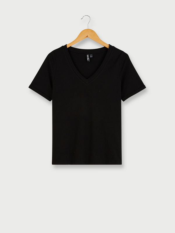 PIECES Tee-shirt Loose Uni Encolure V Noir Photo principale