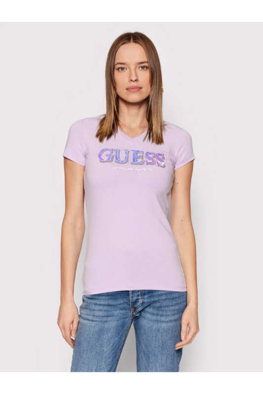 GUESS Tshirt Stretch Logo Strass  -  Guess Jeans - Femme G472 NEW LIGHT LILAC