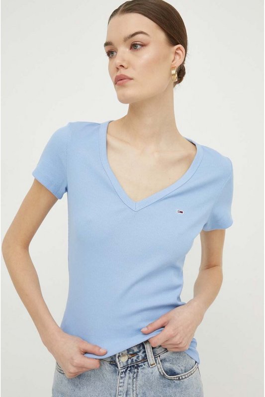 TOMMY JEANS Tshirt Cotel Col V  -  Tommy Jeans - Femme C3S Moderate Blue