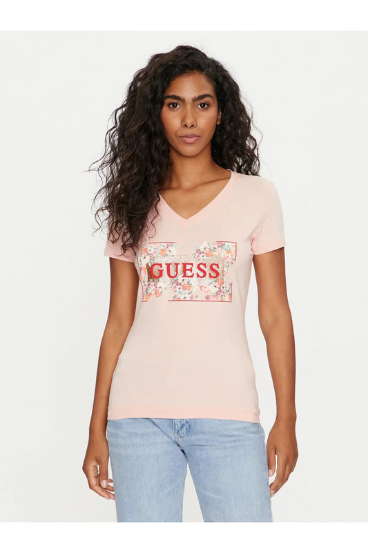 GUESS Tshirt Stretch Print Fleuri  -  Guess Jeans - Femme G6K8 WANNA BE PINK 1092058