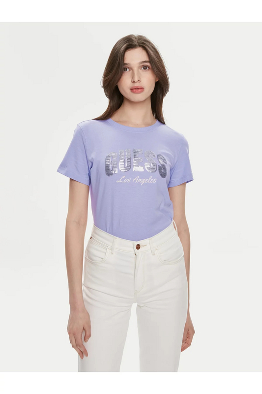 GUESS Tshirt Coton Regular Logo Sequins  -  Guess Jeans - Femme G472 NEW LIGHT LILAC 1092070