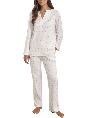 SELMARK Pyjama Pantalon Tunique Manches Longues Dots blanc
